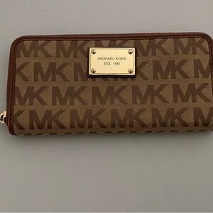 Michael Kors Brown and Gold MK Logo Zip-Around Wallet